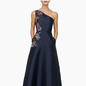 NWT Kay Unger one shoulder gown with POCKETS Size 10 midnight Beautiful beading